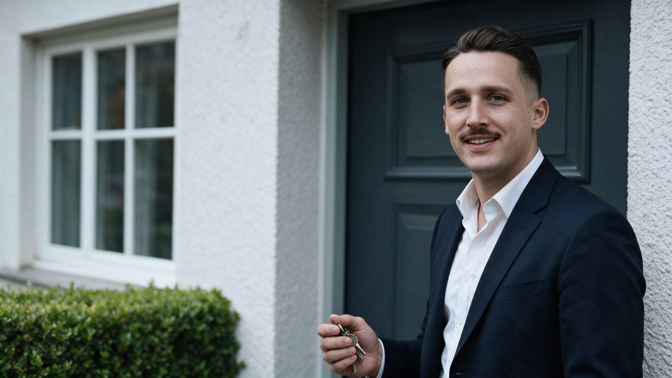 Simon Rößer mit Schlüsselbund vor der Haustür eines Hauses
