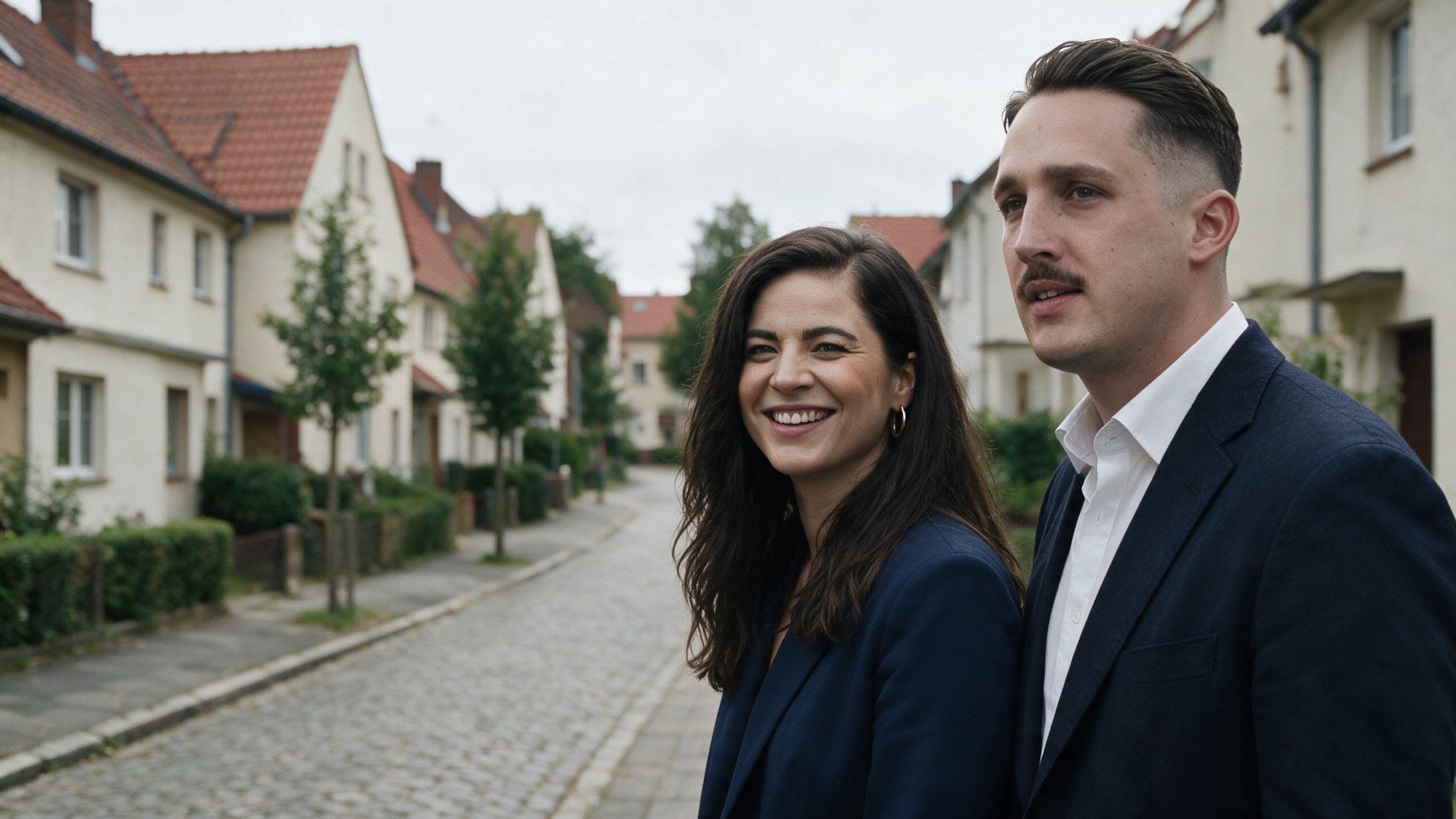 Kristin Krumm und Simon Rößer in einer Wohnstraße mit Siedlungshäusern