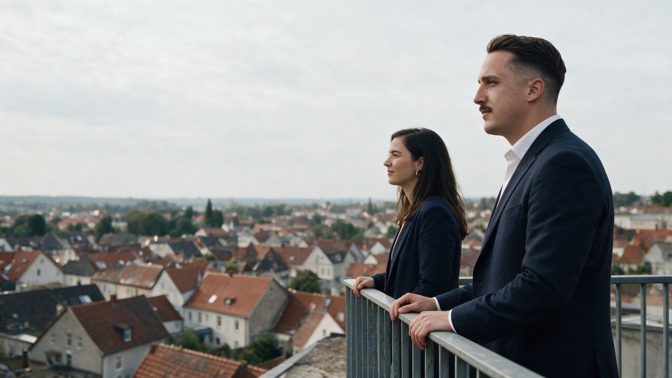 Kristin Krumm und Simon Rößer blicken über die Dächer der Stadt