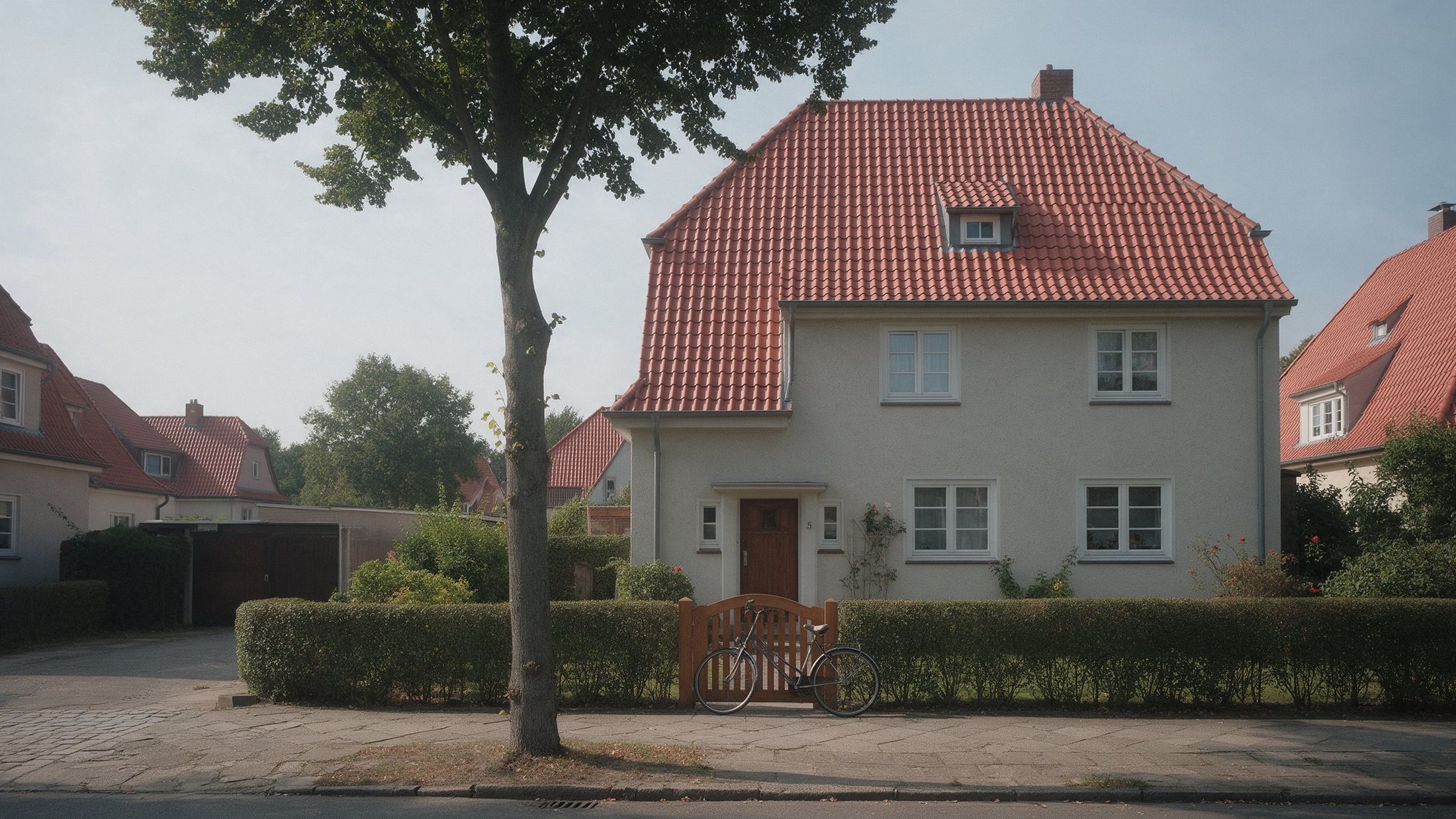 Gepflegtes Siedlungshaus mit rotem Dach und Vorgarten